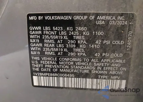 2024 Volkswagen Id.4 Standard из США, поврежденный, VIN 1V2BMPE86RC006495